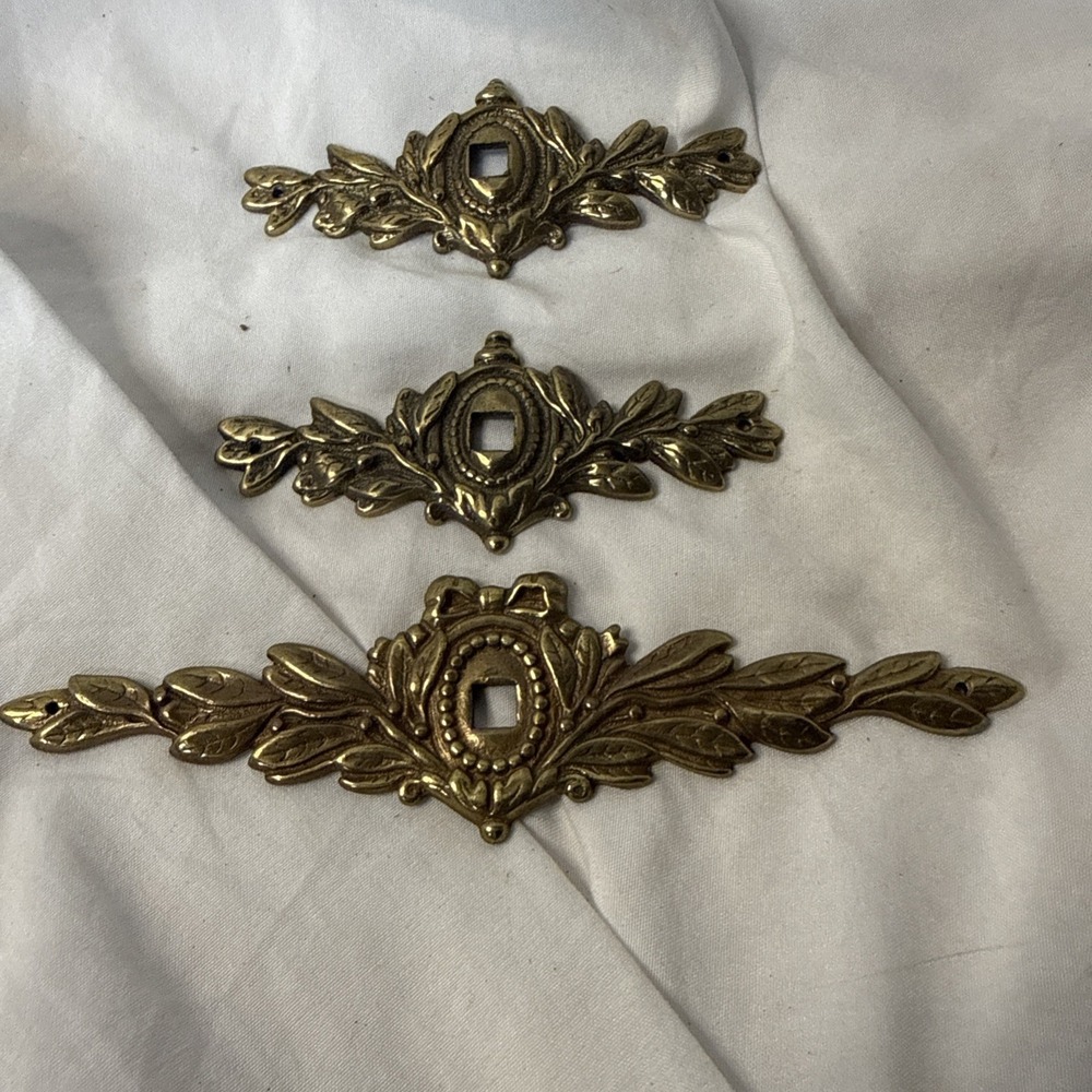 3 Vintage Victorian Brass French Furniture Regency Rocco Key Scroll Escutcheon